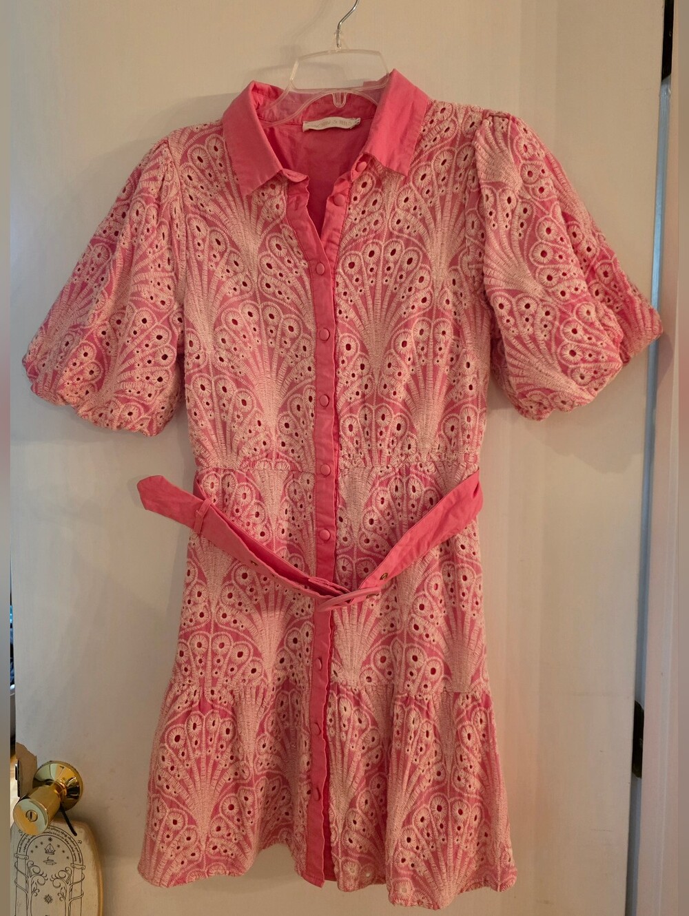 Pink Eyelet Shirt Dress with Tie Waist